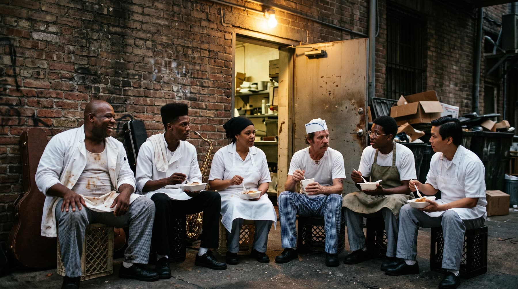 Six cooks sitting on milk crates in a brick back alley eating from paper bowls, instrument cases against the wall