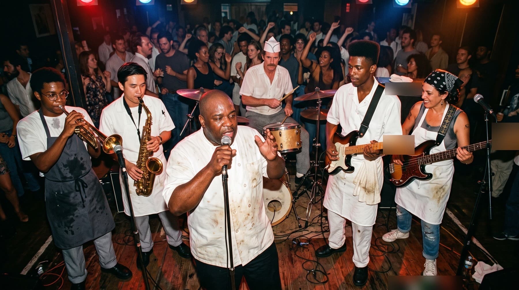 The band in kitchen whites and aprons on a small wooden club stage before a packed, dancing crowd