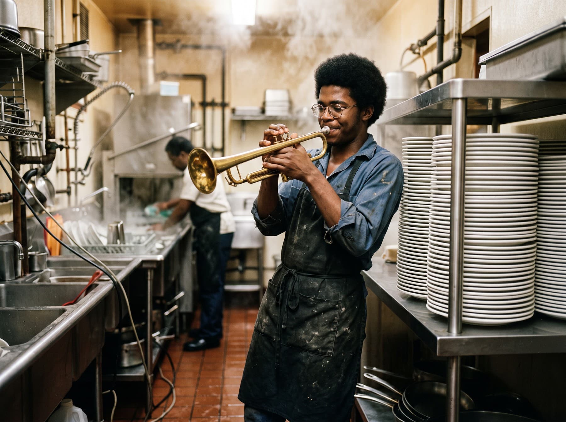 A young man in round glasses and a dark apron playing trumpet in a narrow dish pit beside stacks of plates