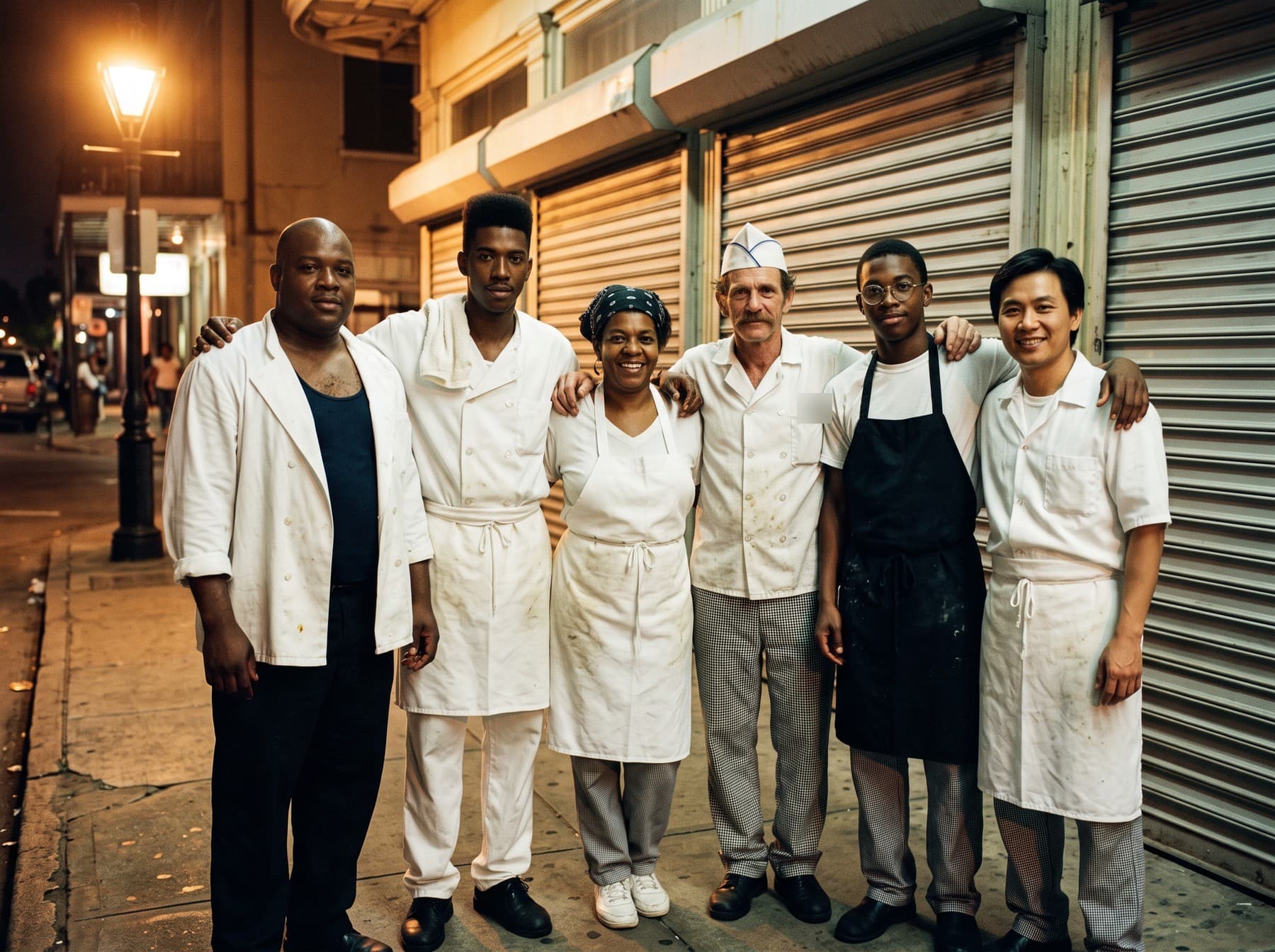 Six cooks in kitchen whites posed arm in arm on a sidewalk at night in front of a restaurant's closed steel shutters