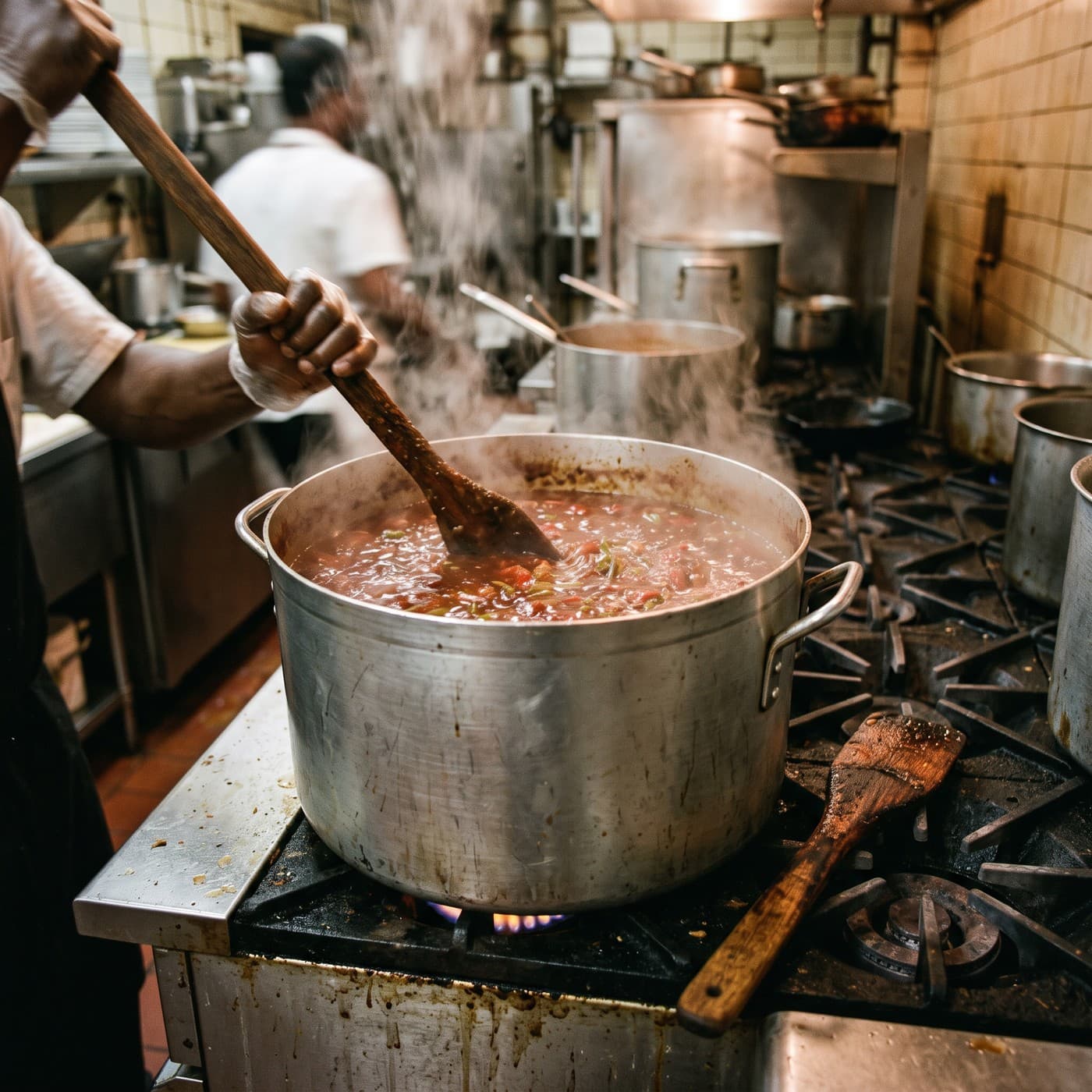 A cook stirring a large aluminum stockpot of red stew with a wooden paddle on a gas range